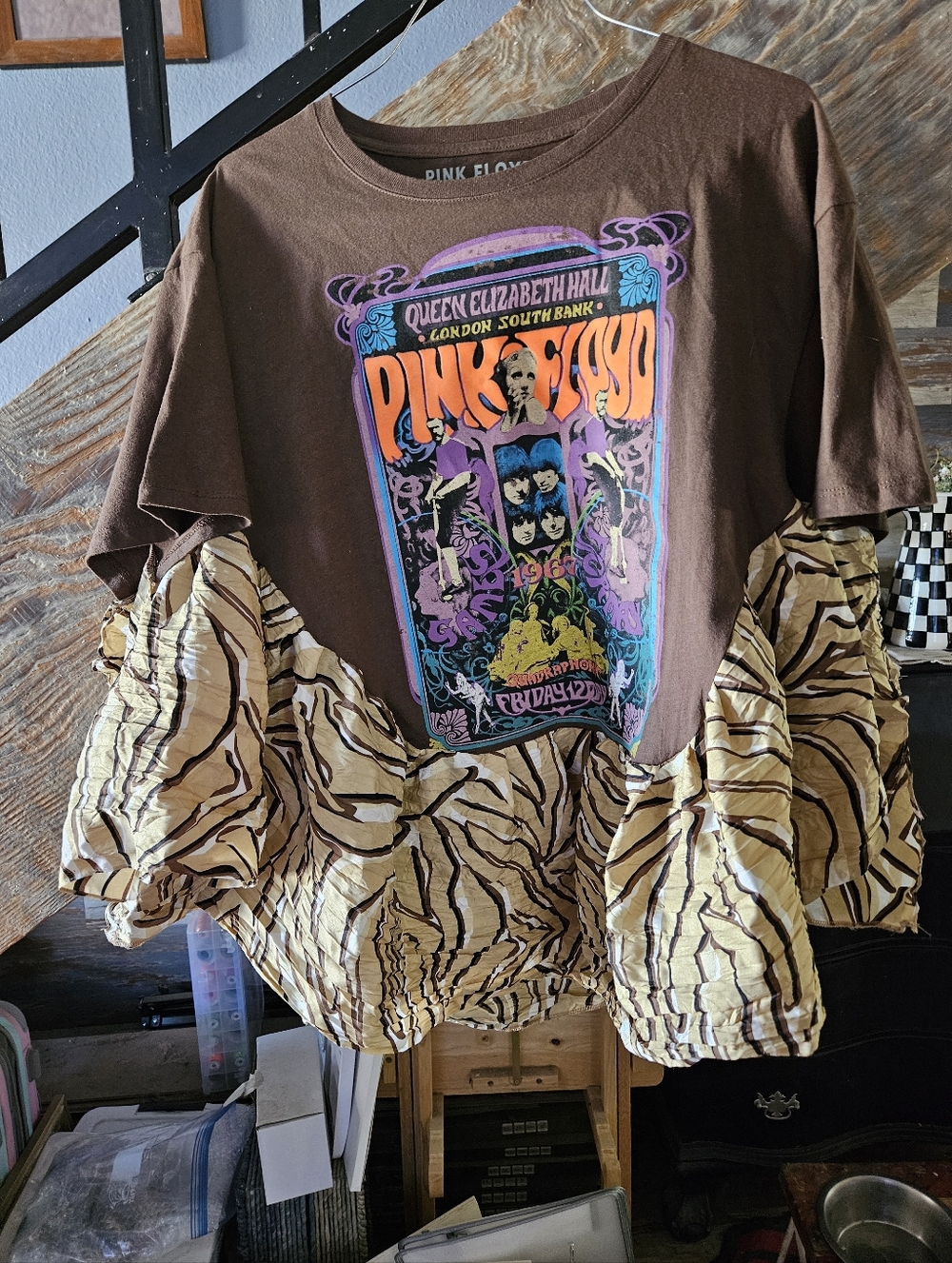 Pink Floyd Brown Tee with Animal-Print Ruffle Hem